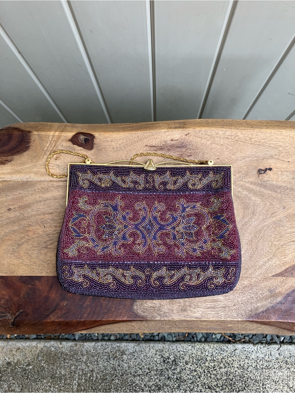 Beaded purple evening bag handbag formal gold chain clasp close vintage look - Picture 3 of 14